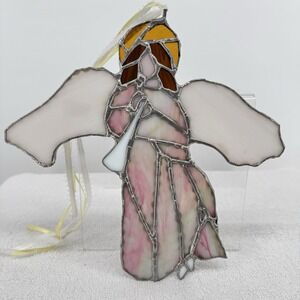 Vtg Handmade Stained Glass Christmas Angel Iridescent Suncatcher CottageCore‎ 9"